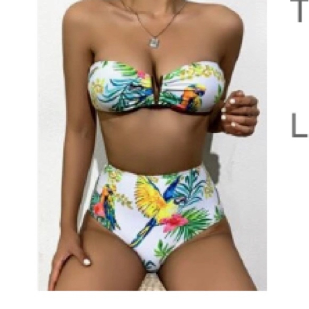 SHEIN Tropical High Waisted Bikini Set L – Parrot Print Bandeau Swimsuit
